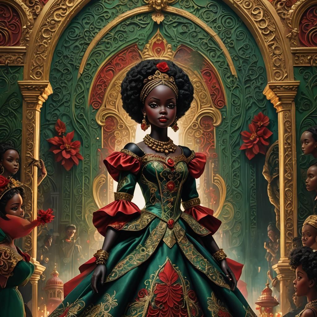 black doll and her red makeup make she majestic and grand to...