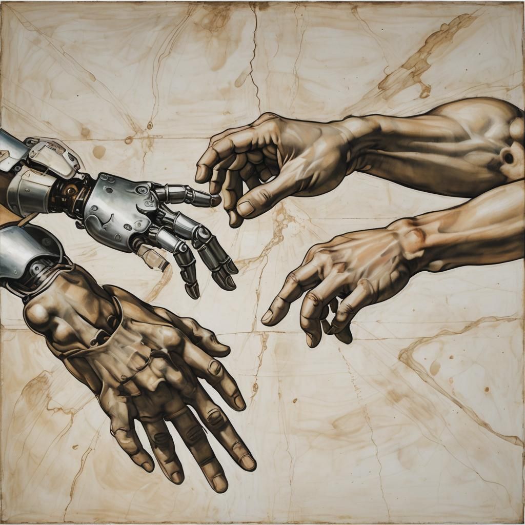 Painting of The Creation of Adam by michelangelo touching ha...