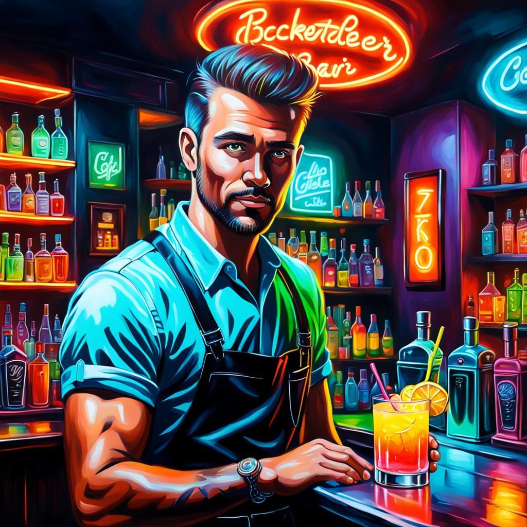 Hansome  bartender, in a neon cocktailbar, clean oil painted airbrush  by @Denise