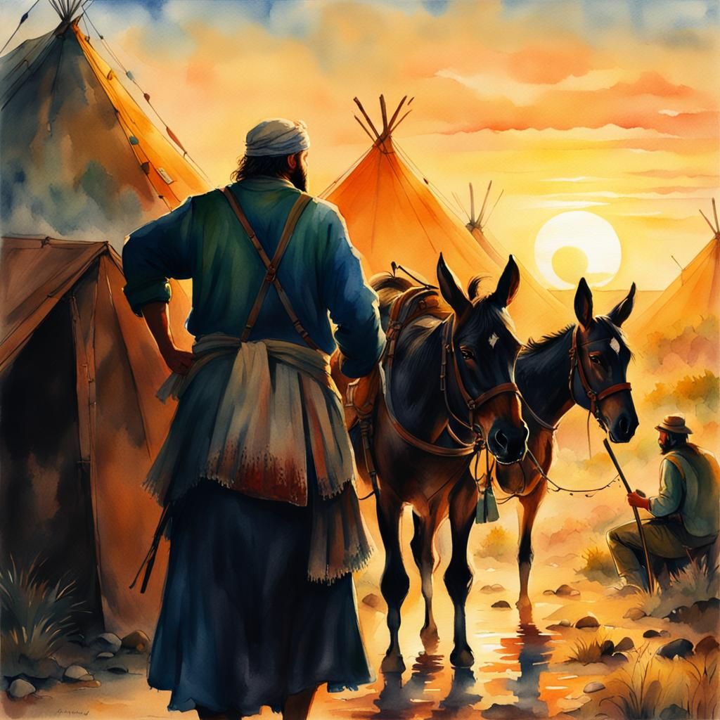 Bearded Man Loads Pack Mule: Watercolor Splash Art