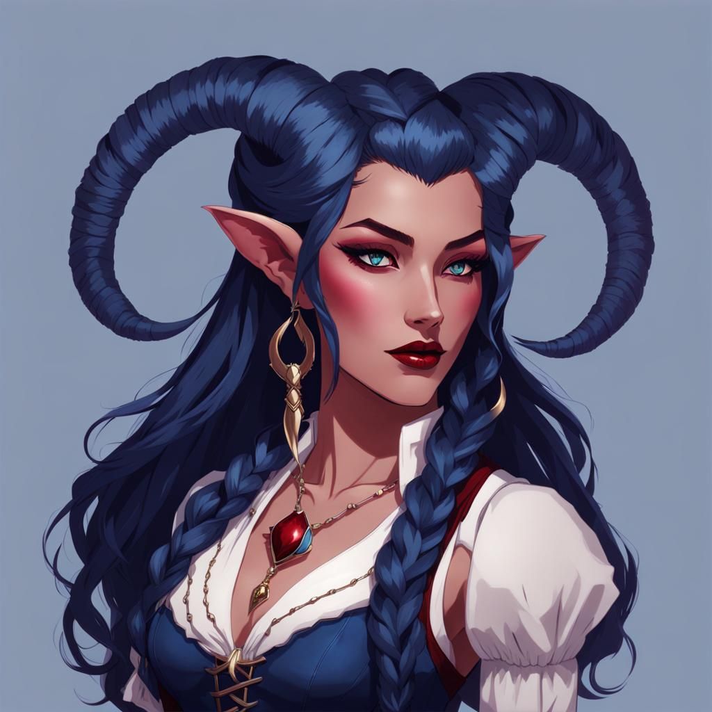 Navy Blue skin, tiefling girl, with long blue hair in a fancy braid ...