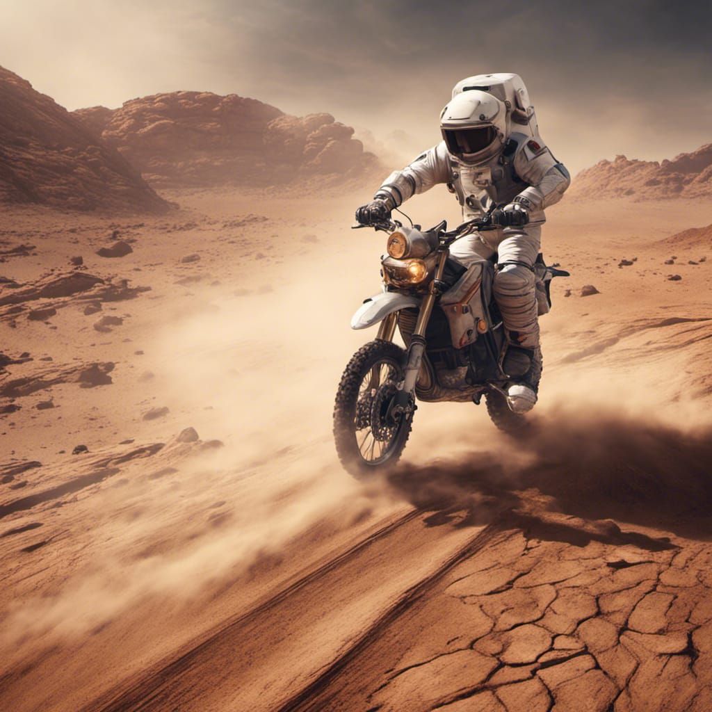 motorcycle rushing on the stony surface of Mars with a motor...