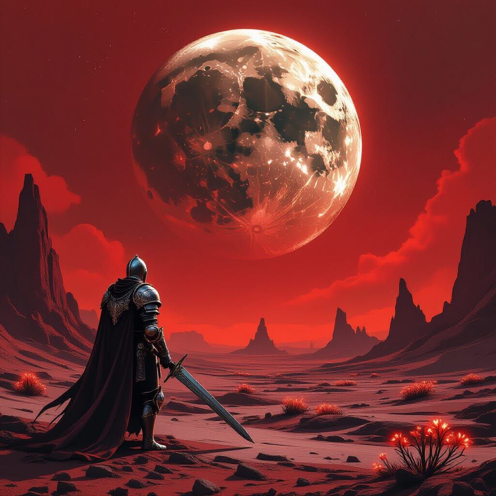 A lone knight in ornate, battle-worn armor stands on a desolate, alien planet, gazing at a colossal, shattered moon in the blood-red sky. St...