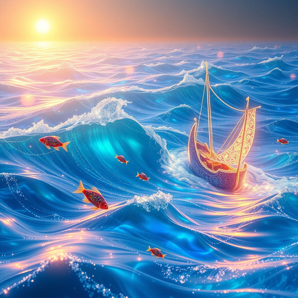 The Ocean of Light"
,A sea of ​​liquid light, where the waves shine with shades of blue and silver and the glow rises into the air. Colorfu...