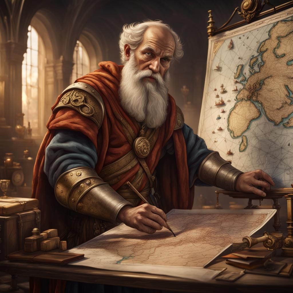 a very detailed portrait of Archimedes drawing a huge map  by @loki7997