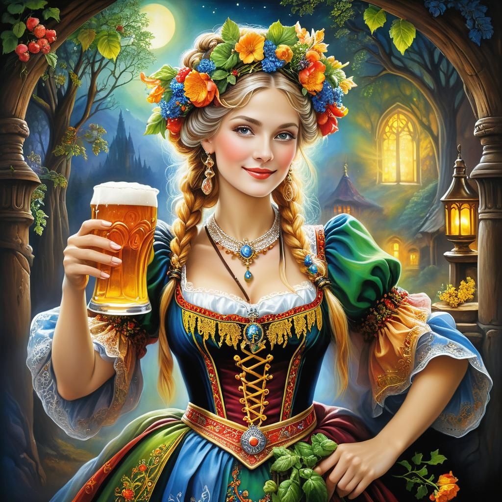 German woman dressed in Traditional costume holding 2 glasses of beer, Julia Pott Josephine Wall chalk ...  by @Oma