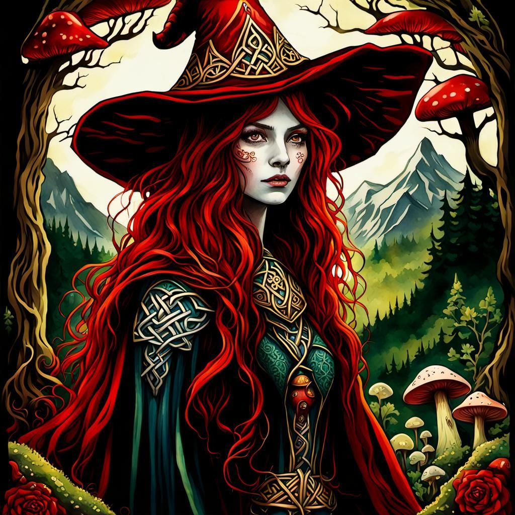 Majestic Celtic Witch in Lush Forest, Gouache Style