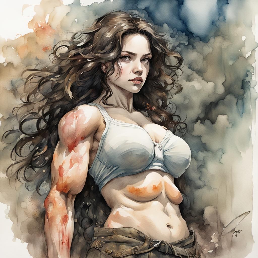 Strong Woman big muscles watercolors hyperdetailed 8k light ...