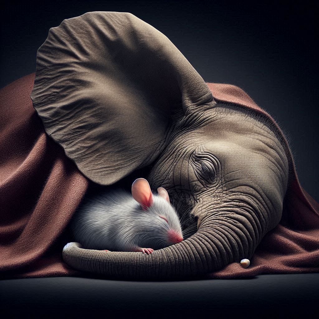 a mouse  and elephant an snuggling