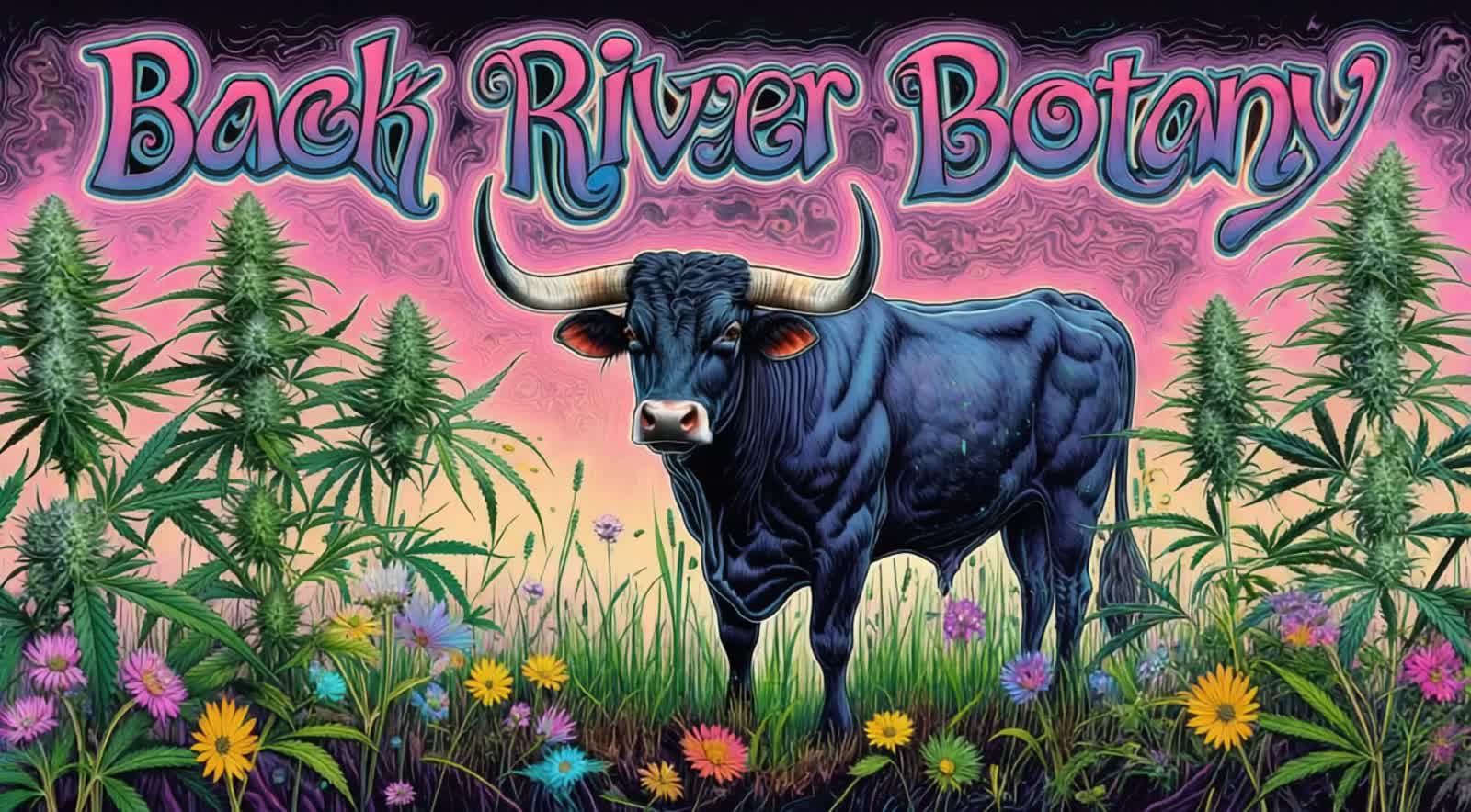 The words "Back River Botany" written in trippy letter somewhere, a bull hanging out in the marsh surrounded by realisti...
