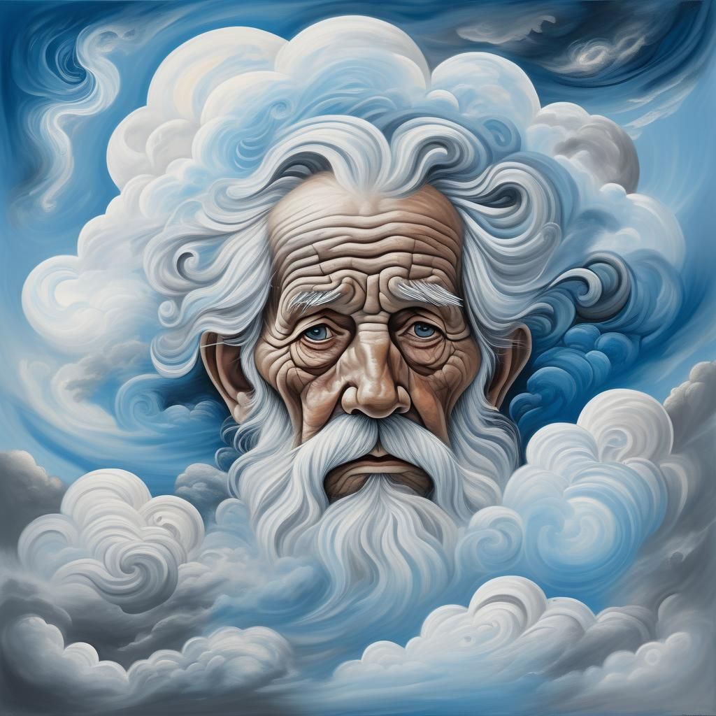 old man's concerned face depicted in a white cloud, pastel g...