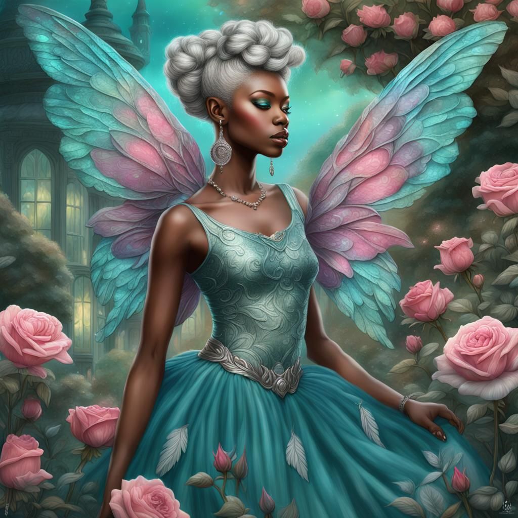 A airbrushed digital art of a beautiful African faerie with ...