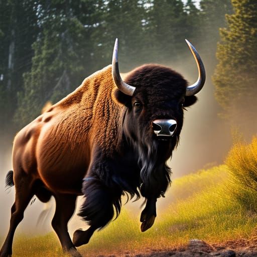 bison running action  herd american Hills volumetric lightin...