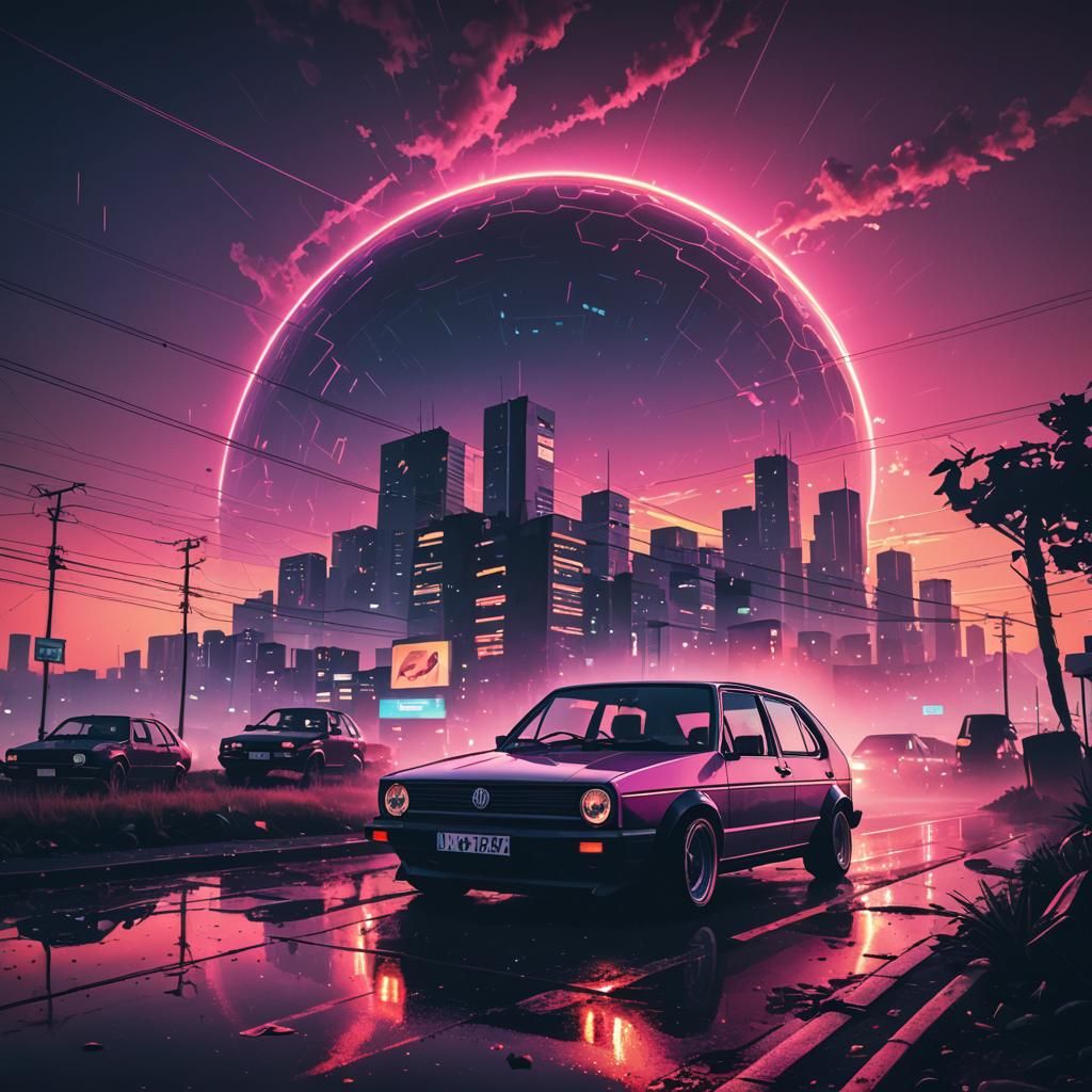 Vw Golf Mk1 sunrise ray of lights mist synthwave cyberpunk