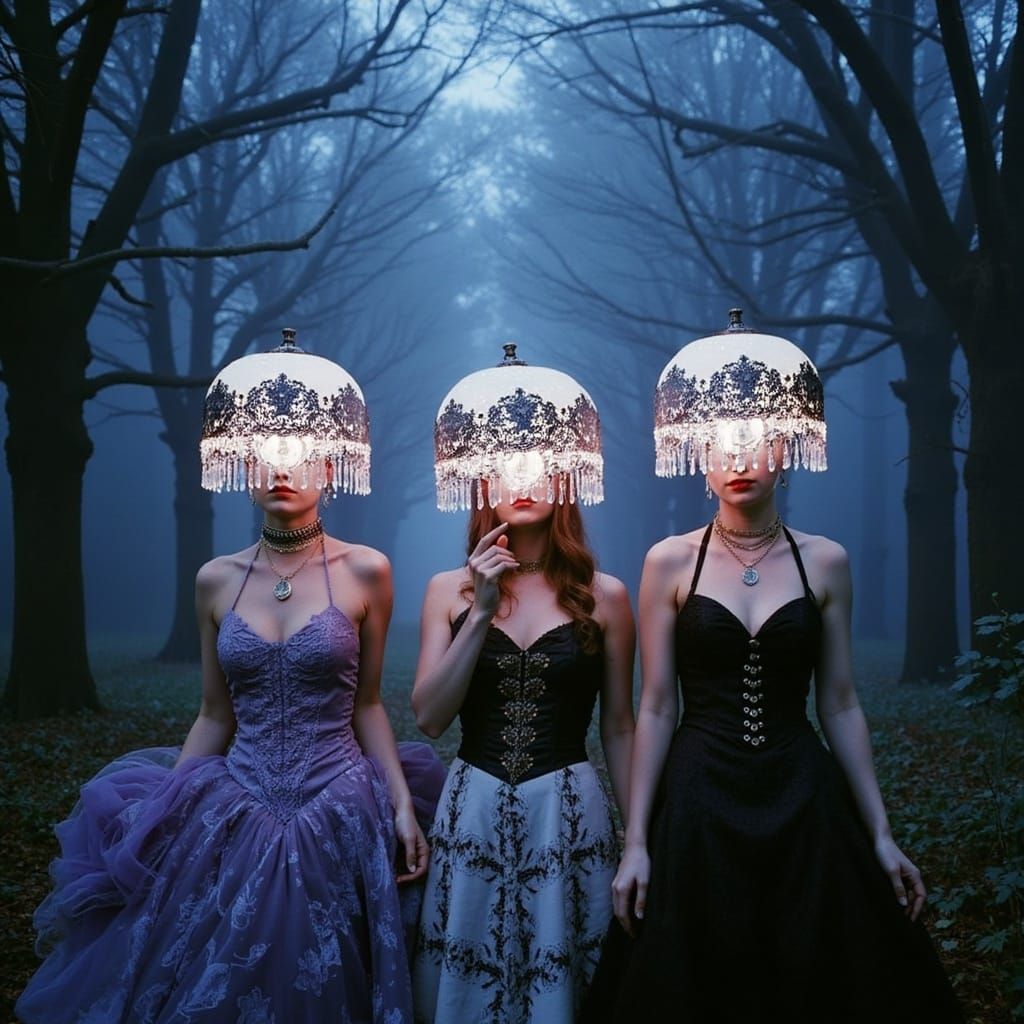 <lora:doublxposefilmglitch:1.0> Three women, draped in elaborate, Victorian-era finery with layers of lace, velvet, and ornate brocade, stan...