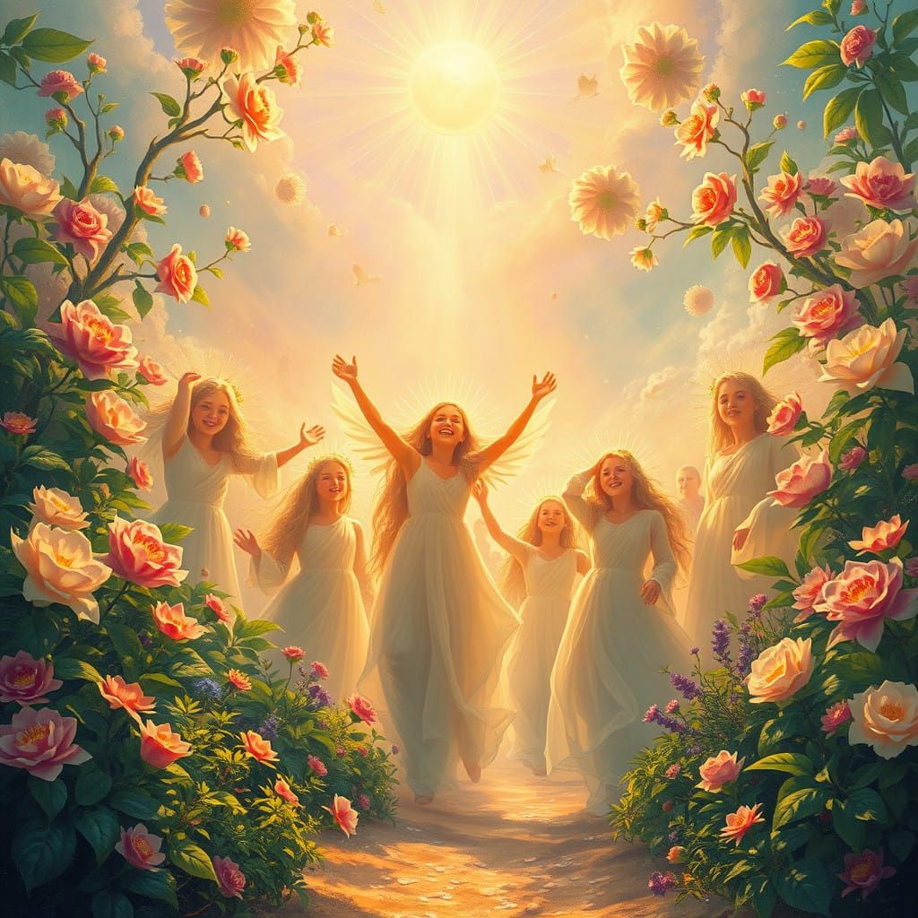 Serene Joyful Beings in Vibrant Paradise