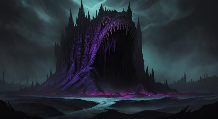 Gargantuan evil monster that has a haunted house in its chest. hellish abyss as backdrop.