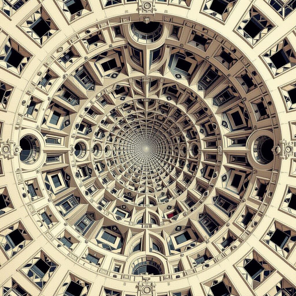 A spellbinding trompe l’oeil op-art digital canvas, in the style of m.c. escher, blending impossible ...  by @Dubois