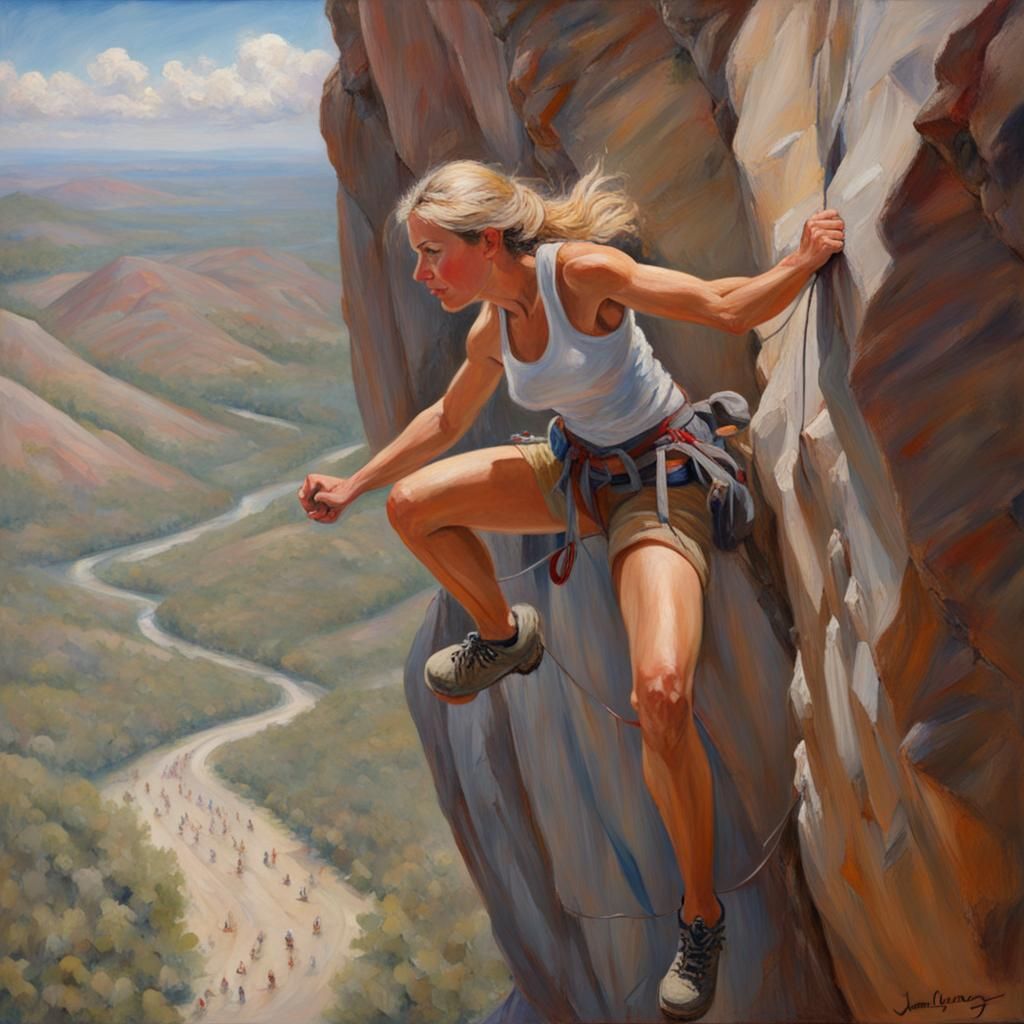 dynamic view from the top of a mountain of a white woman roc...