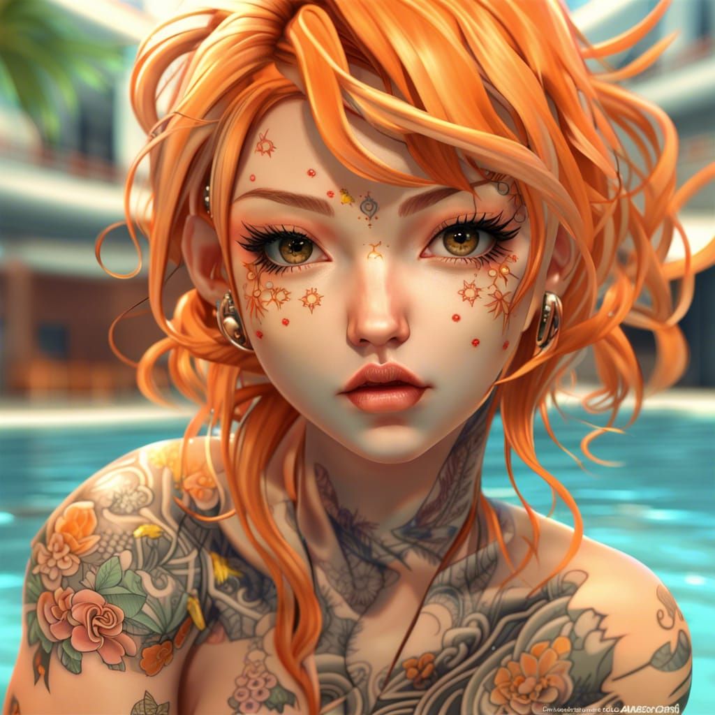 tattoo girl in the pool, in the style of high dynamic range,...