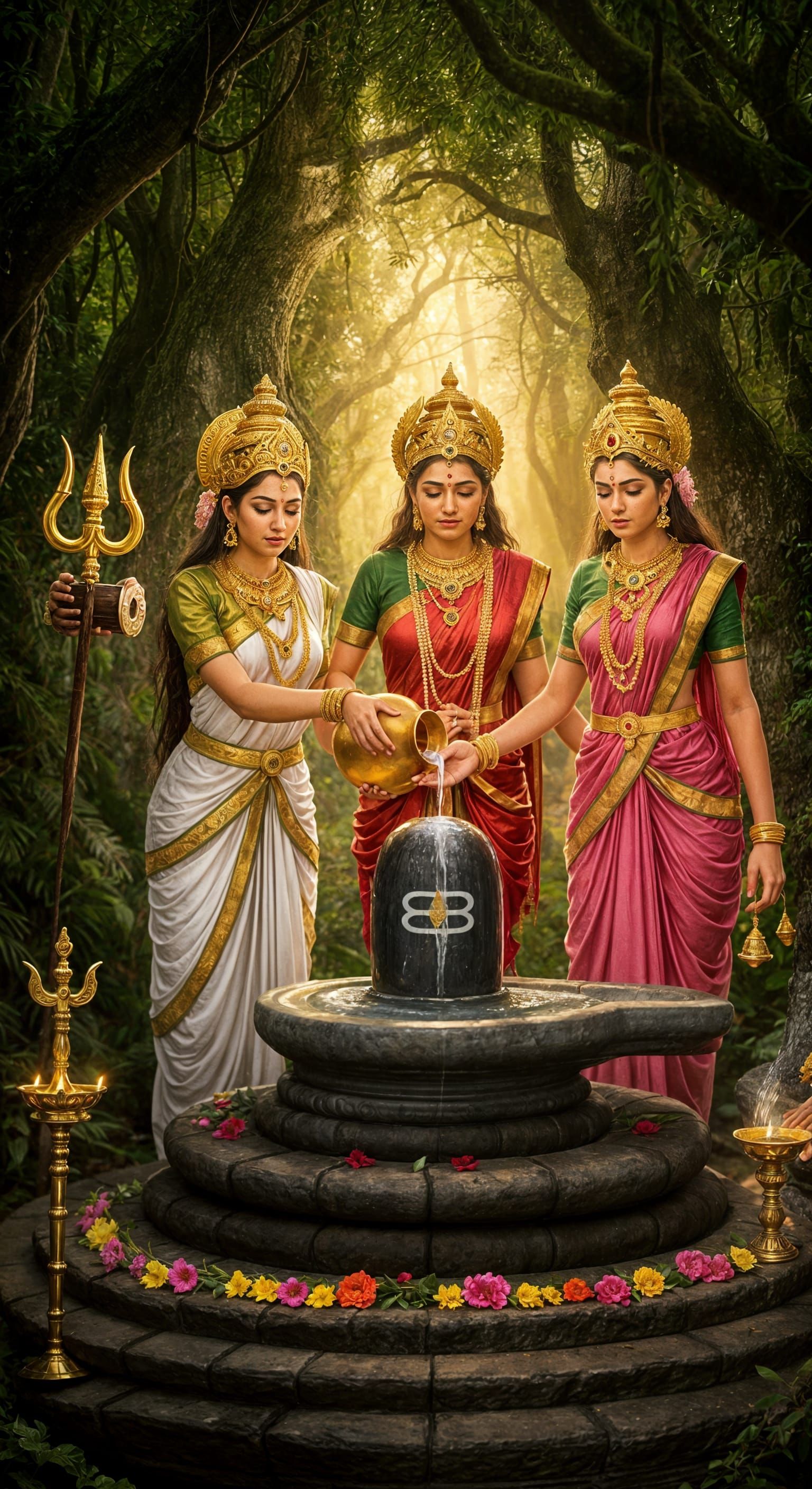 A sacred temple deep in the lush forest, where soft golden sunlight filters through the dense canopy, casting a divine g...