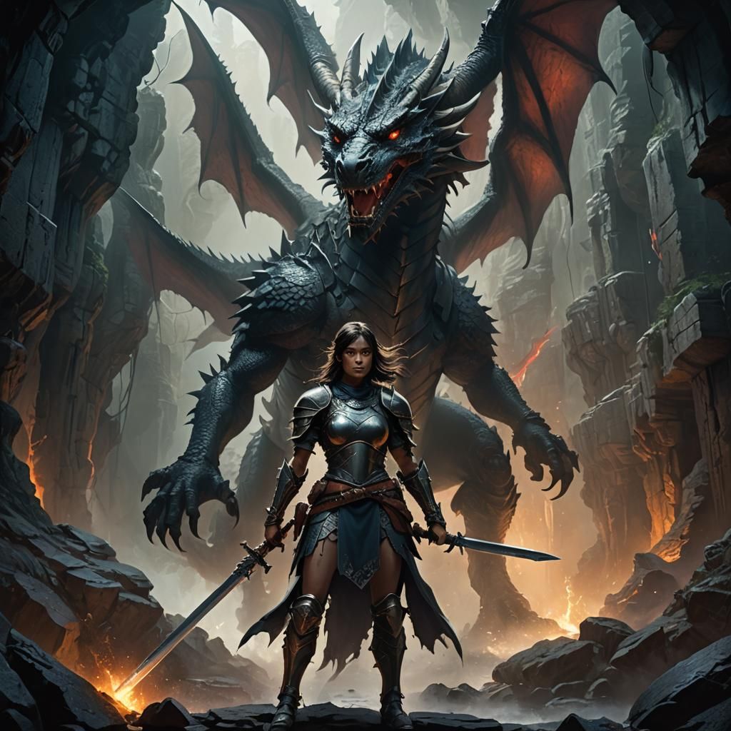 Warrior Girl and Dragon in Mystical Cavern