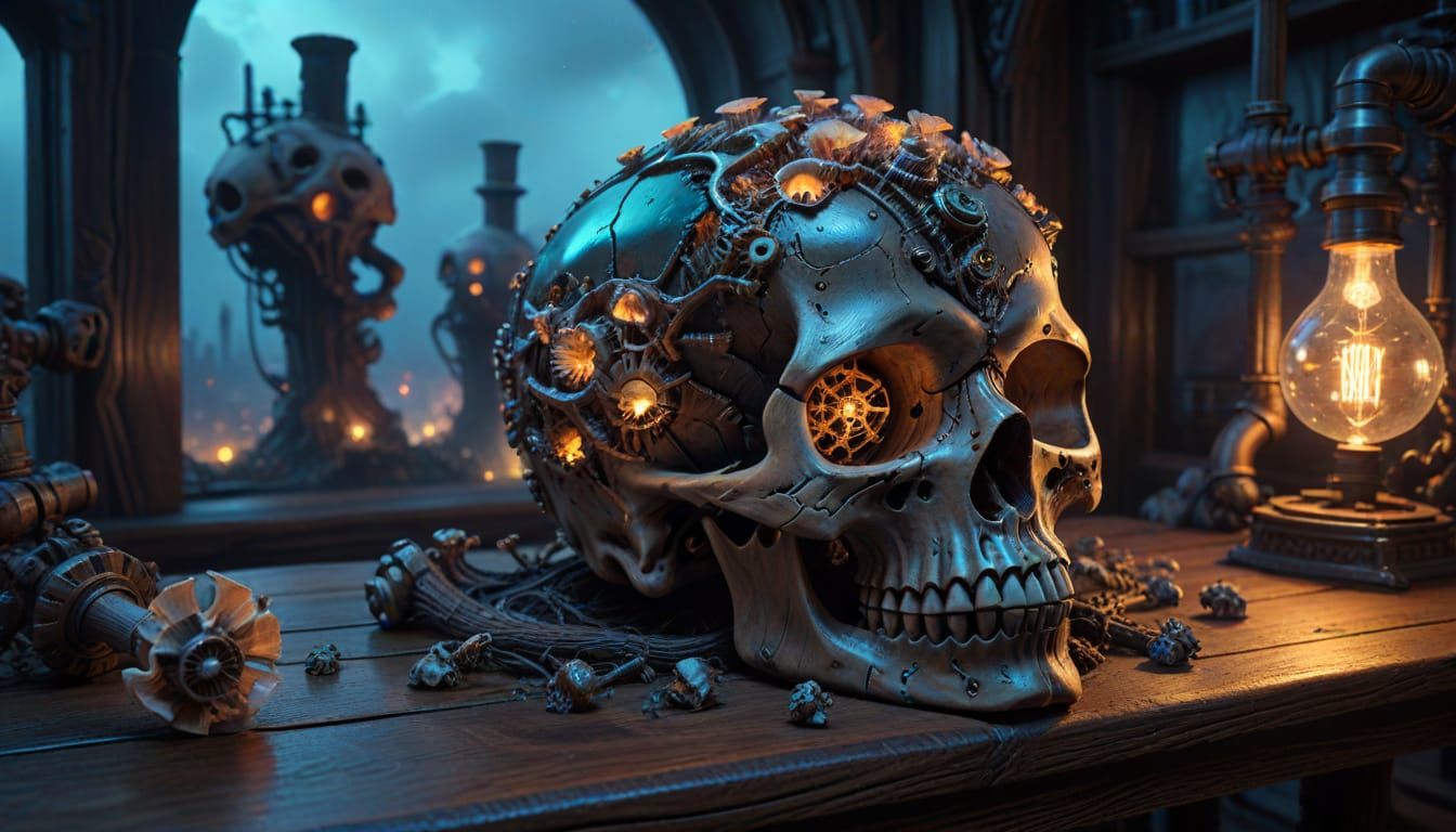 A solitary, intricately carved wooden skull rests on a weathered oak table, bathed in the ethereal glow of bioluminescent mushrooms. The bac...