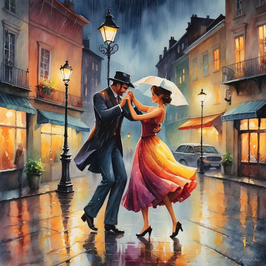 Romantic Waltz in the Rain: Watercolor Painting A vibrant watercolor painting of a couple waltzing in the rain. The scen...