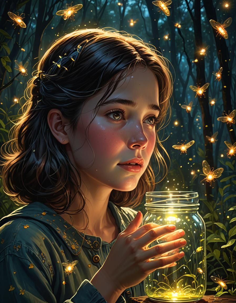 She gazes in wonder at the fireflies her son has captured in...
