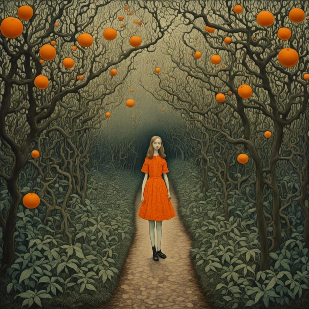 A girl in an orange grove, <lora:Psychedelic Diorama:1.0>