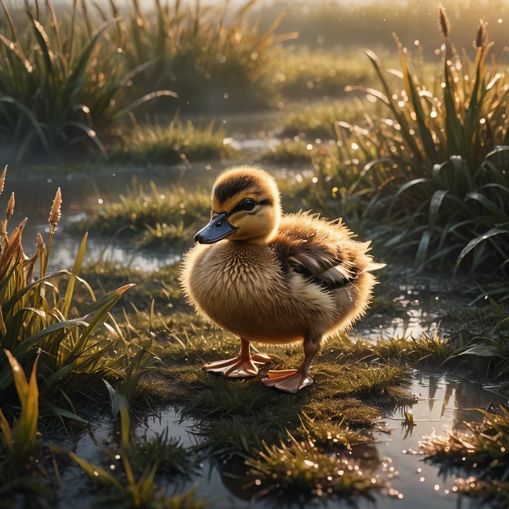 Cute Duckling in Dewy Meadow at Dawn