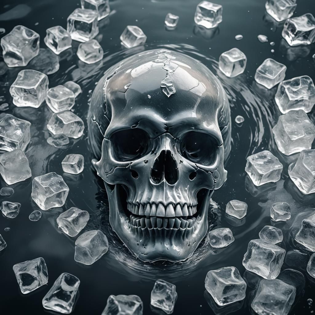 Skull made of ice laying in water. Ultra-realistic. Ultra HD...