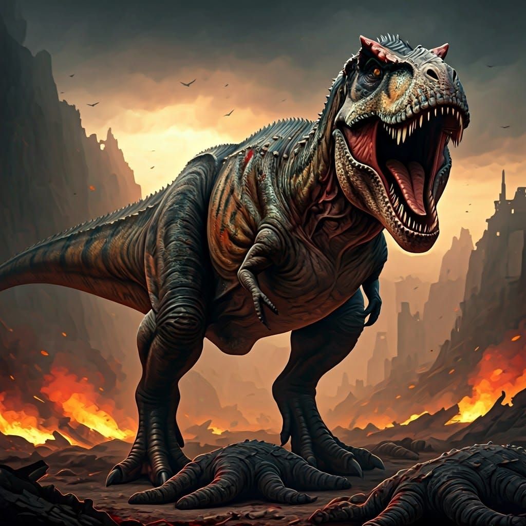A colossal tyrannosaurus rex with two rows of jagged teeth o...