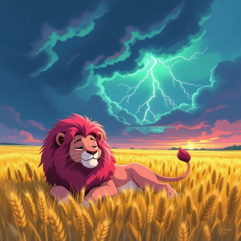pink lion from steven universe laying in a wheat field with a dark and scary sky