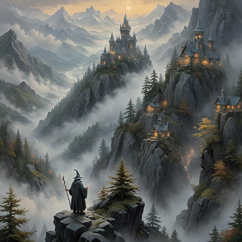 Grey wizard in the fog in the Grey Mountains. detailed matte...