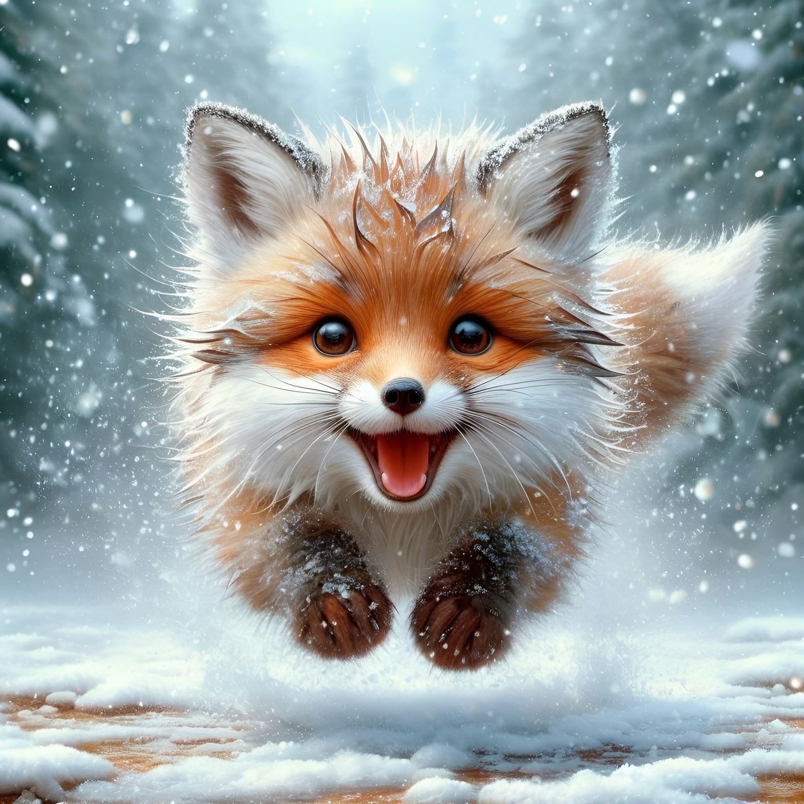 Happy Fox Cub in the Snow