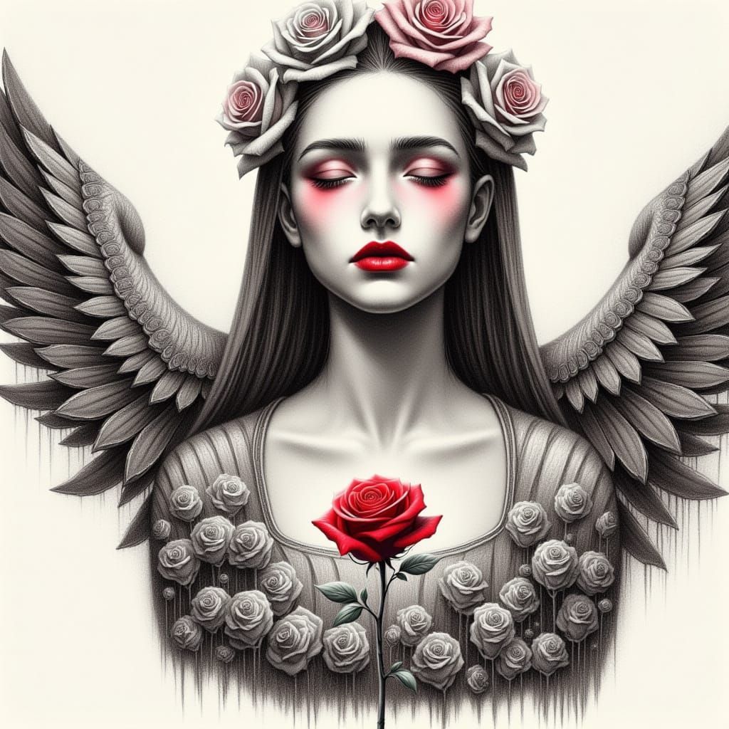 <lora:Red Roses:1.0> A Red Rose stand out  as emotions in against graphite grayscale  of forced  identity, she dances in freedom