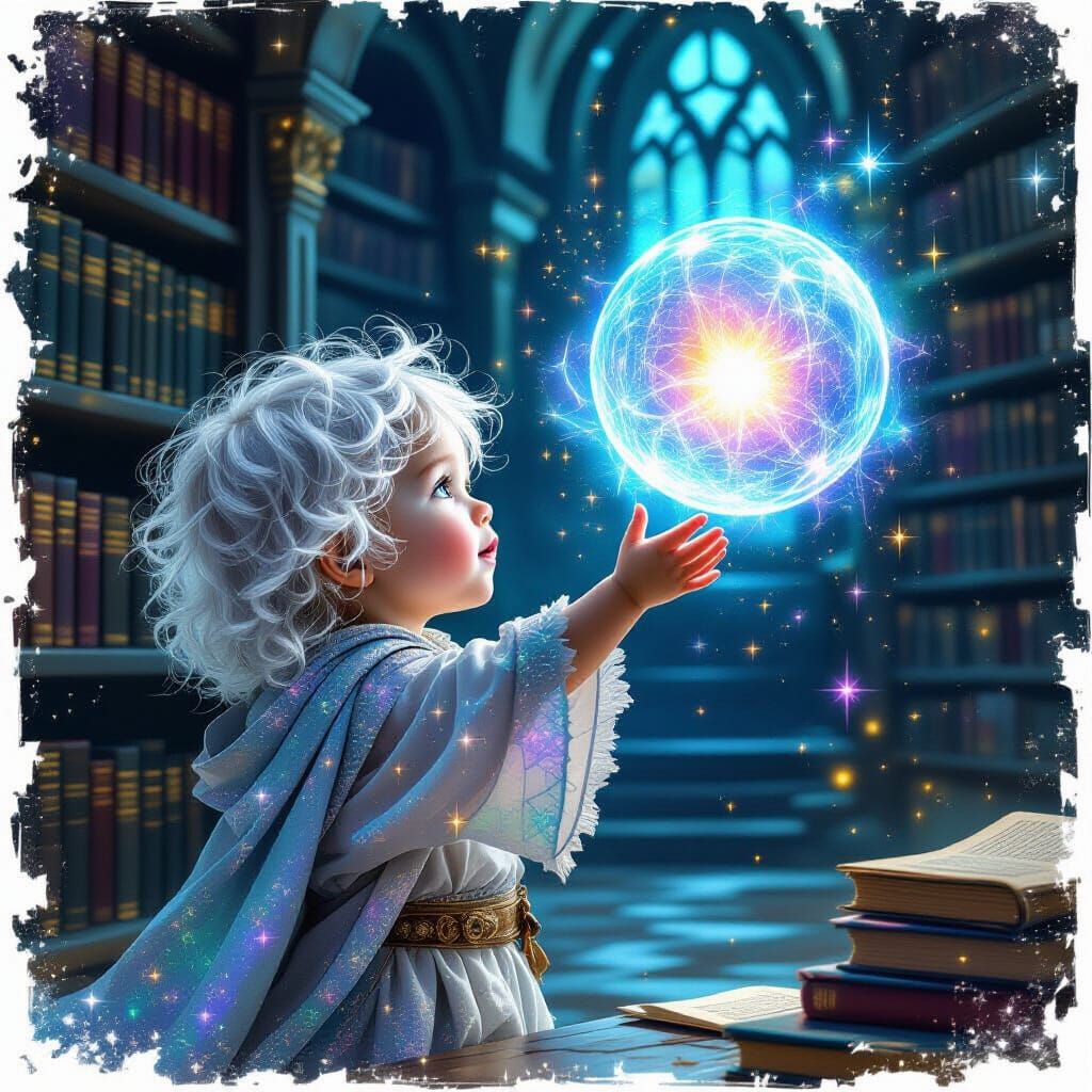 Silver Haired Toddler Reaching Out To Touch A Magical Orb  by @Solissa