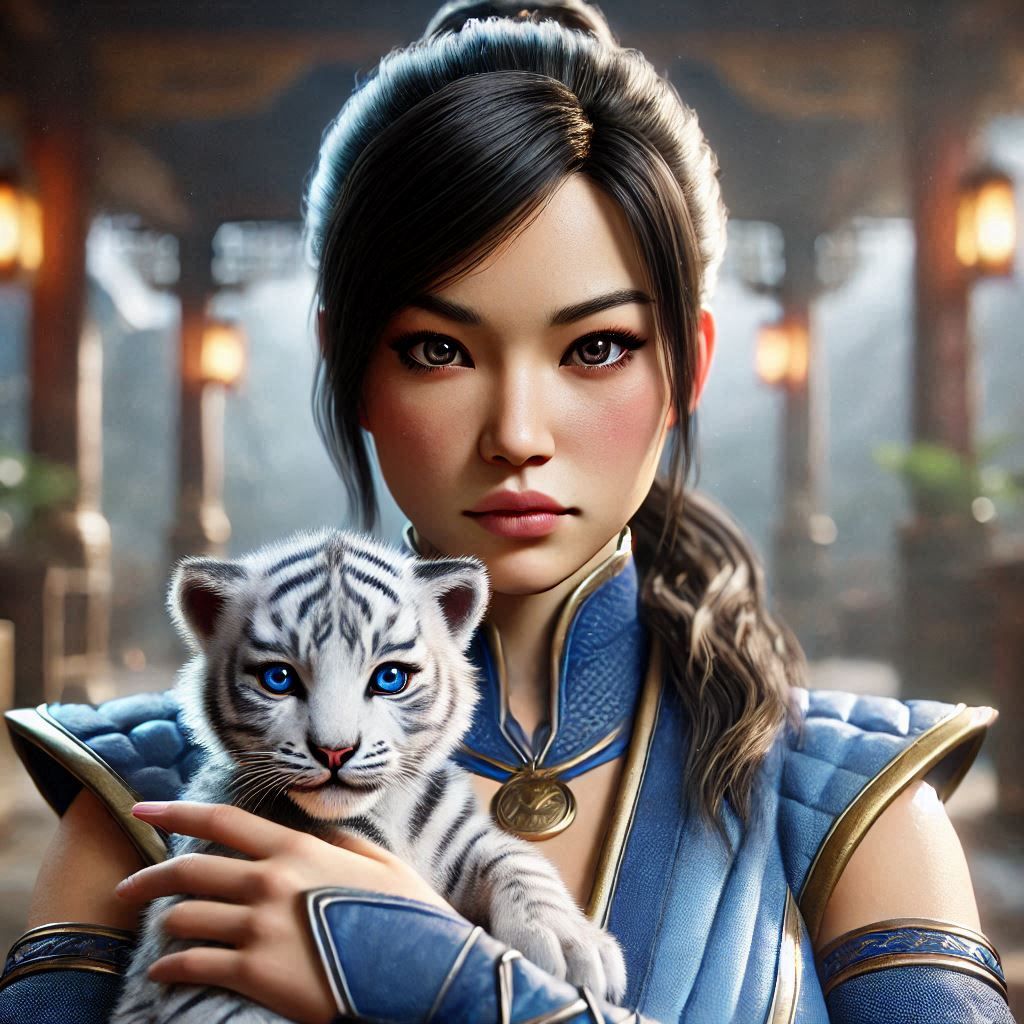 Kitana taking care of a white tiger cub