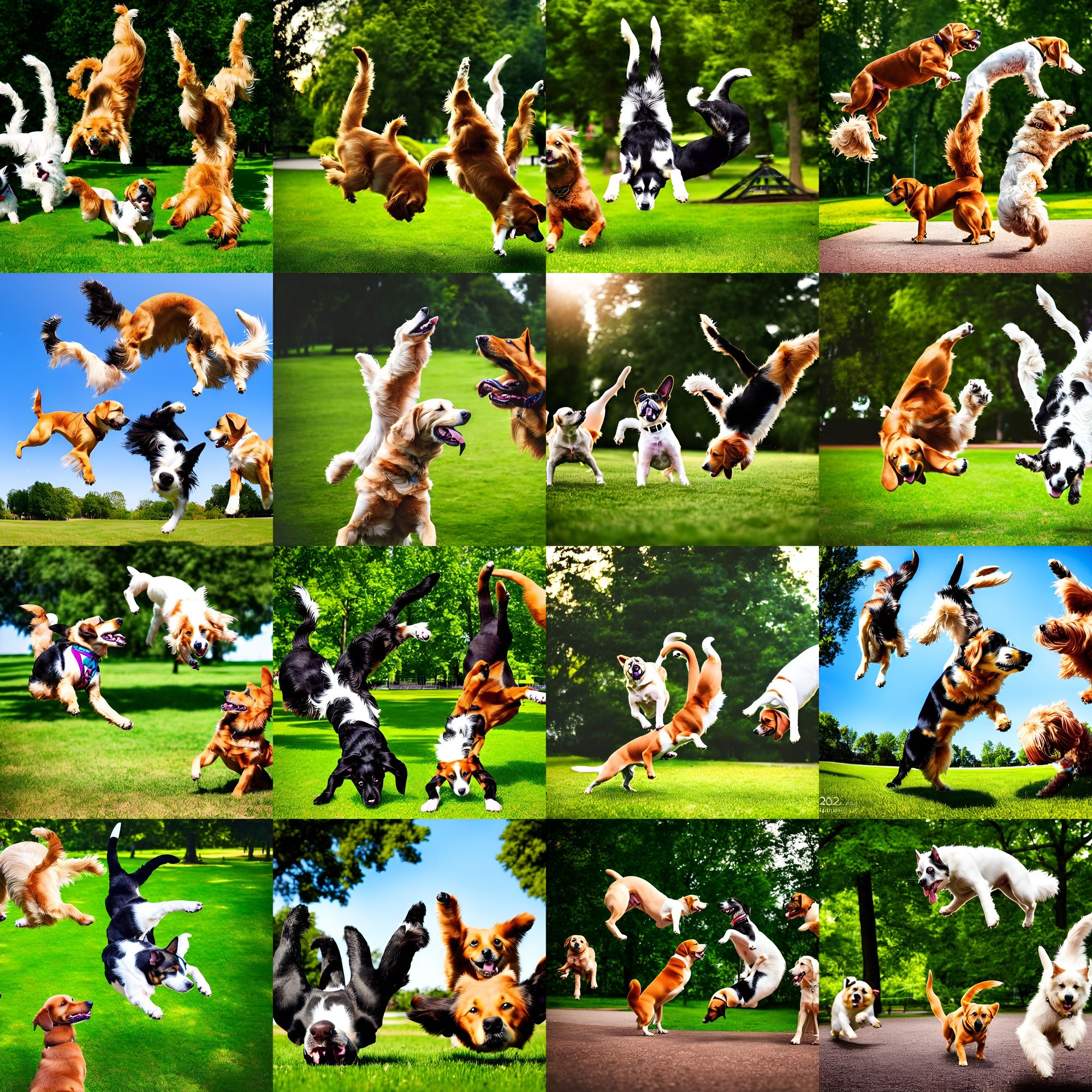 Dogs doing backflips in a park r/nightcafe