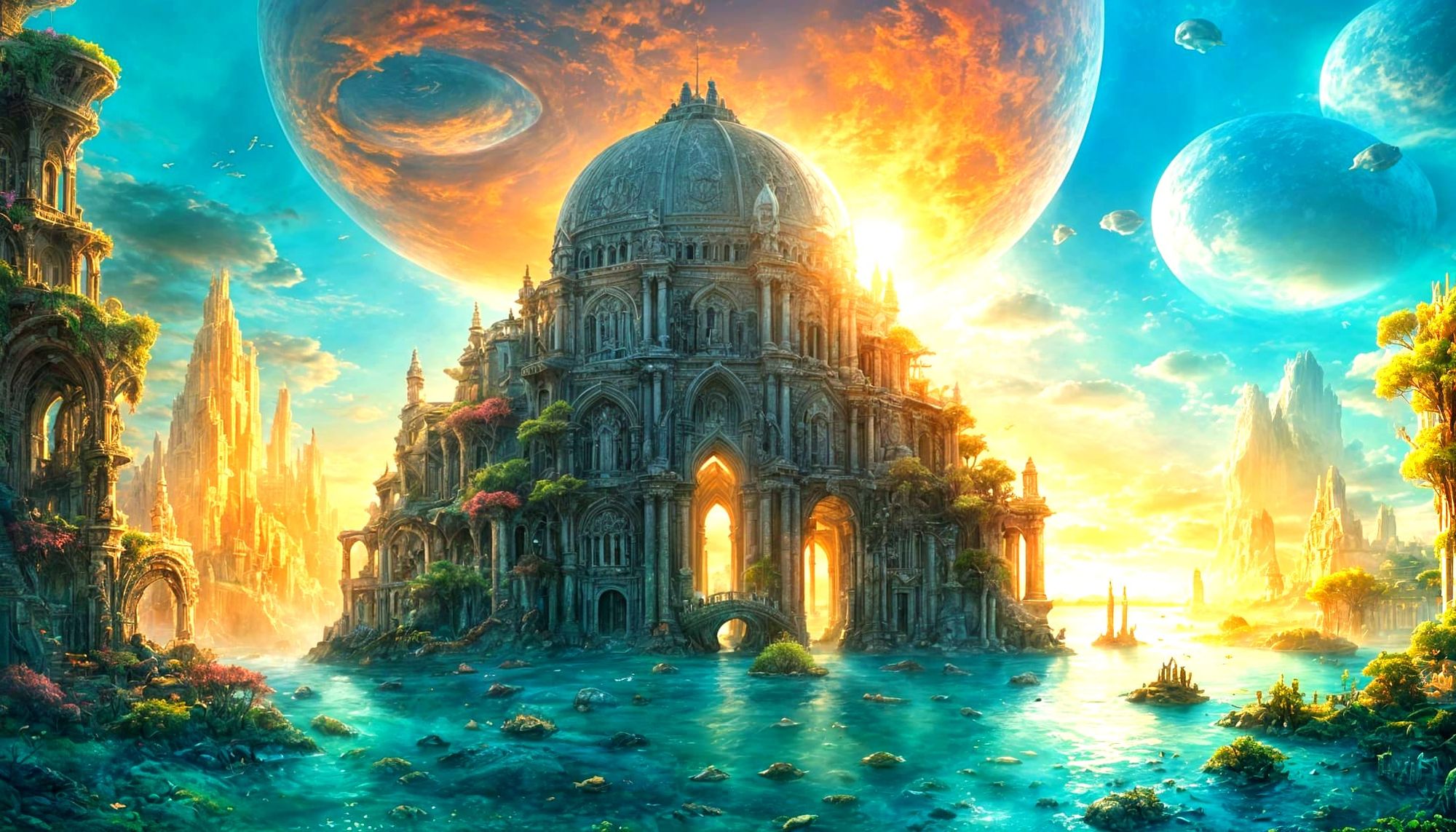 Lost Cities An immense, forgotten city submerged deep beneath the ocean's surface, its grand architecture encrusted with vibrant coral and t...