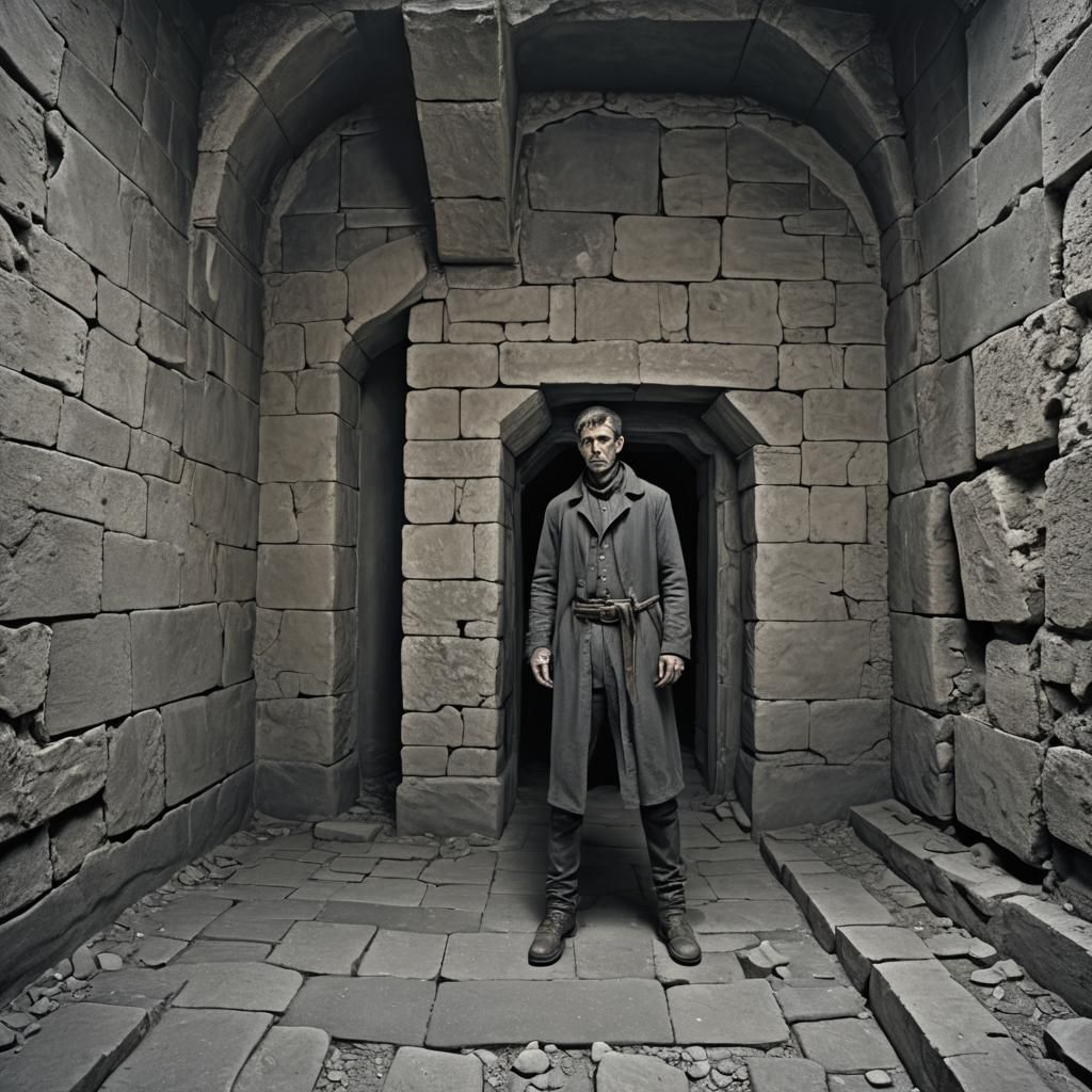 The Unforgiven, a man into grey abyss of ancient building