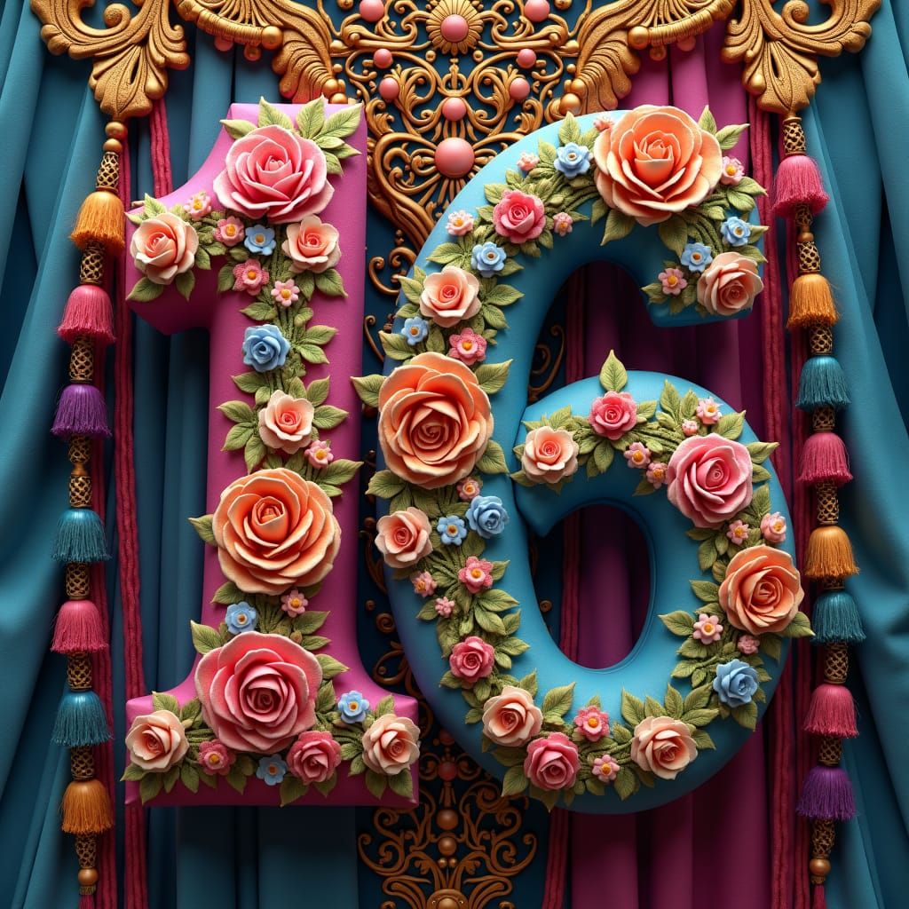 written down numbers "10"and "16" in ornate style, knitted o...