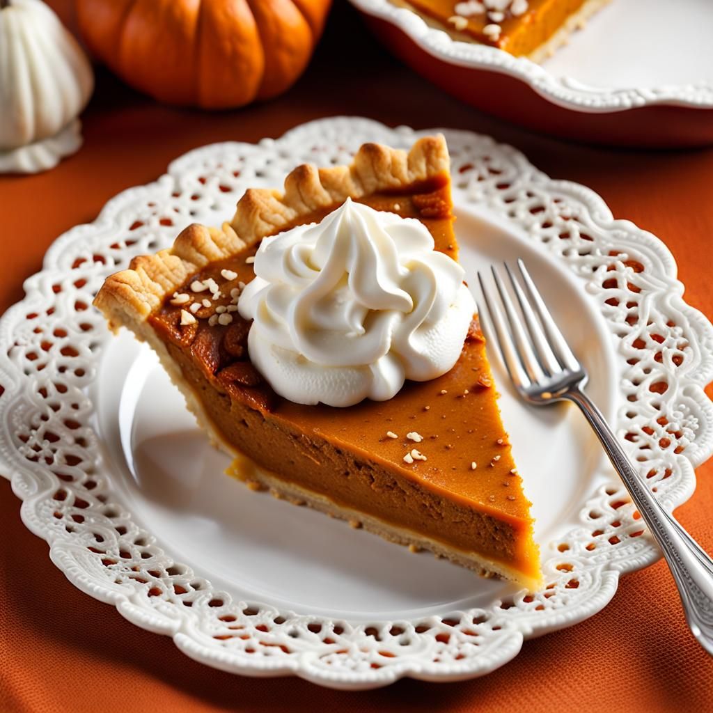 A mouthwatering slice of carved pumpkin pie topped with whipped cream, perfectly placed on a delicate ...  by @Michael Moriarty 