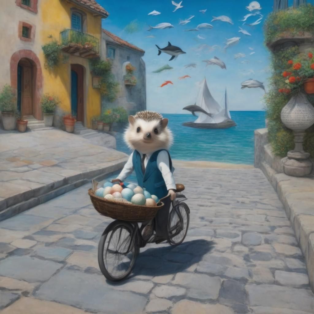 A hedgehog rides on a dolphin along a cobblestone street, ca...