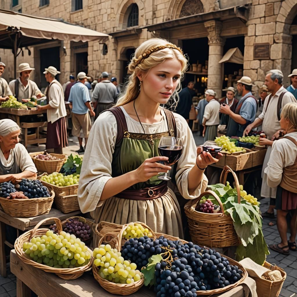 Beautiful blond roman era female selling grapes and wine on ...