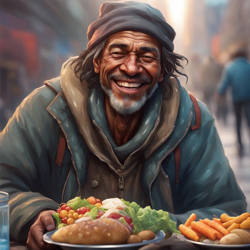 A homeless man smiling and happy with food  by @Dorian