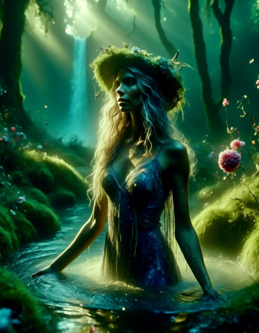 Woman Posing at Forest Fountain, Photorealistic