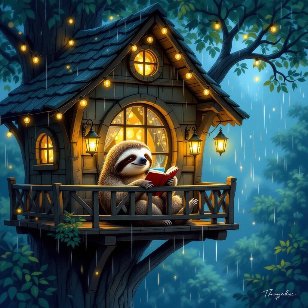 A cozy sloth nestled inside a charming treehouse adorned with twinkling lights, quietly sipping tea and ...  by @Athens