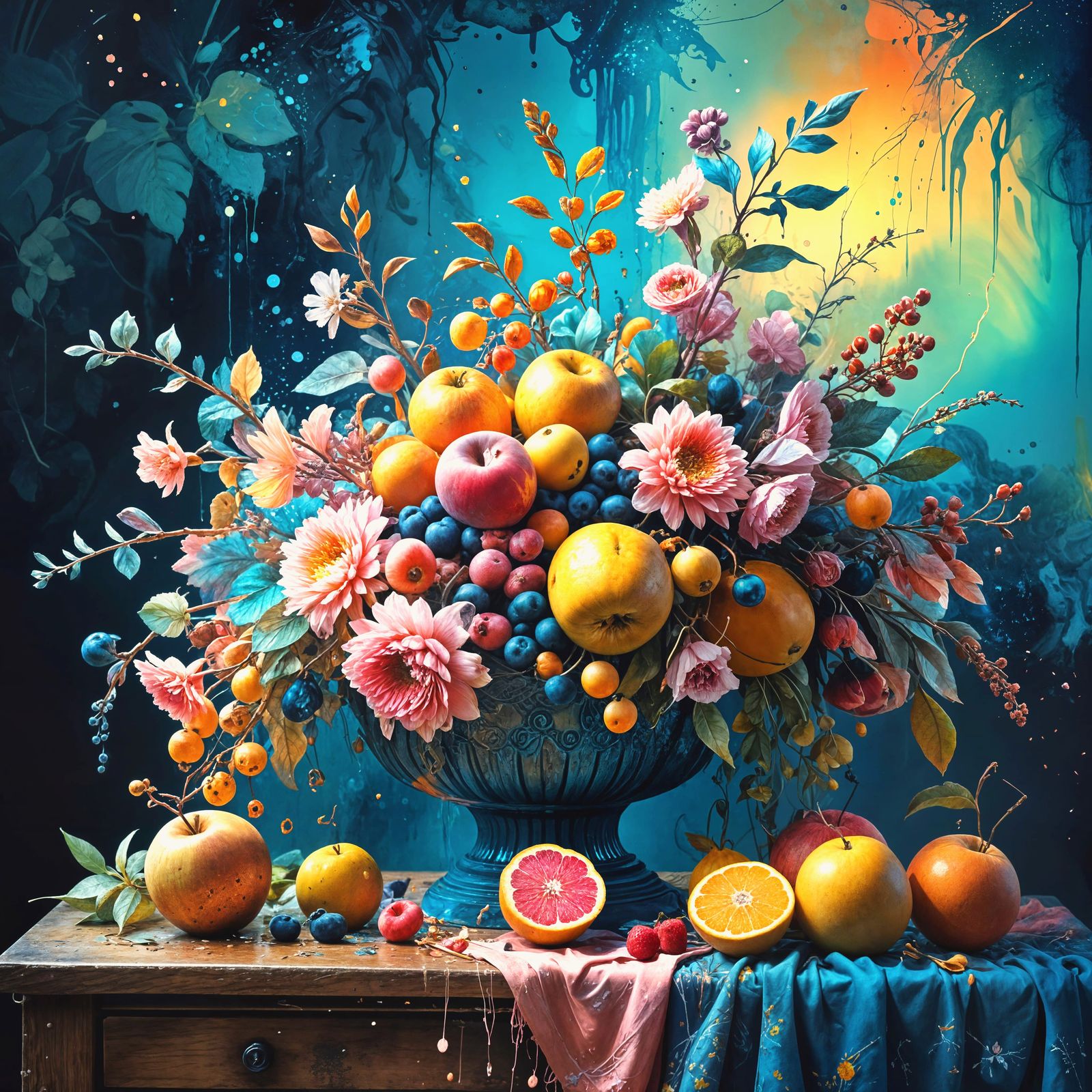 Surreal still life, overflowing with vibrant fruits and flowers. Soft focus. In the style of Carne Griffiths. ...  by @g r r c